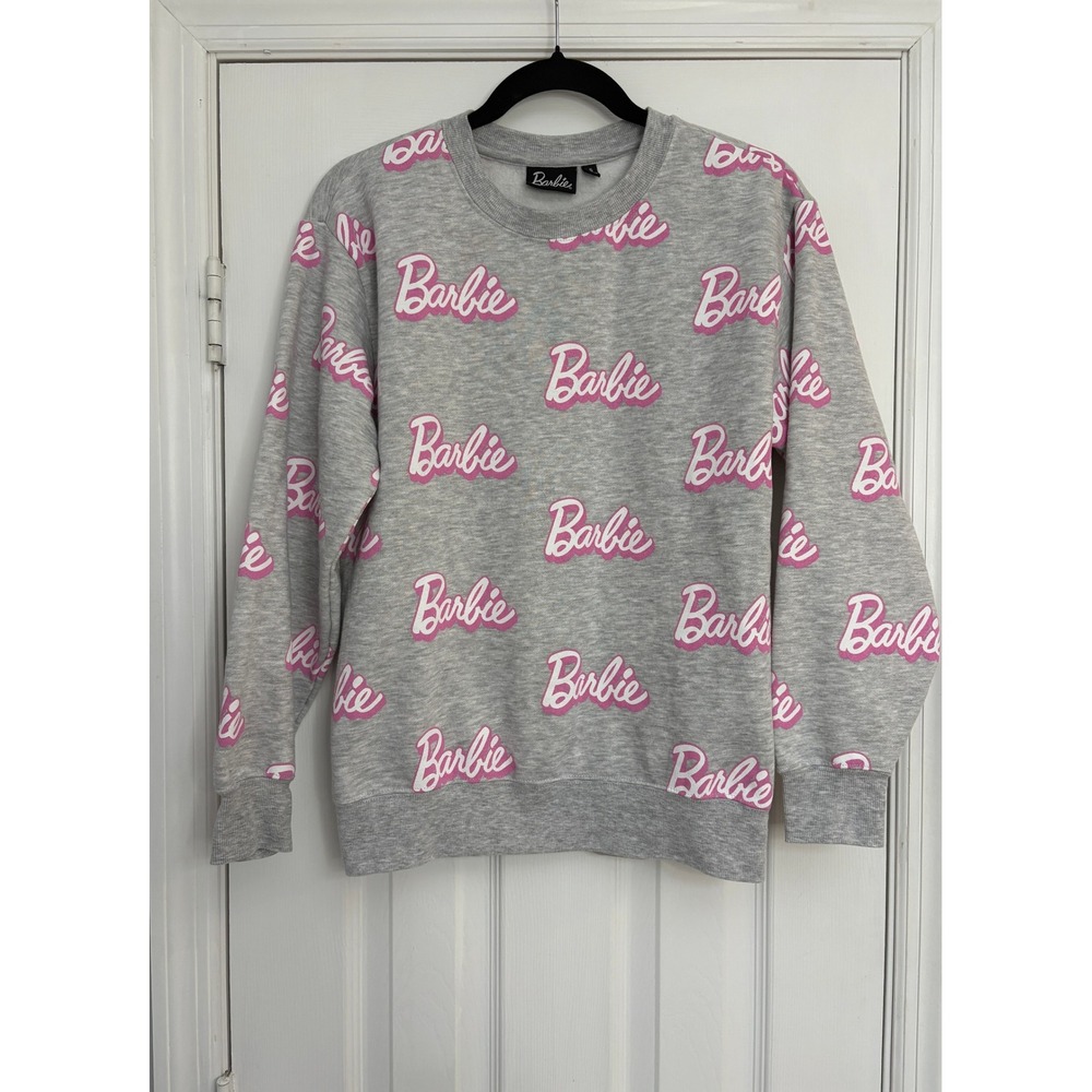 Barbie Logo Sweatshirt Women's Small All Over‎ Print Heather Gray Pink